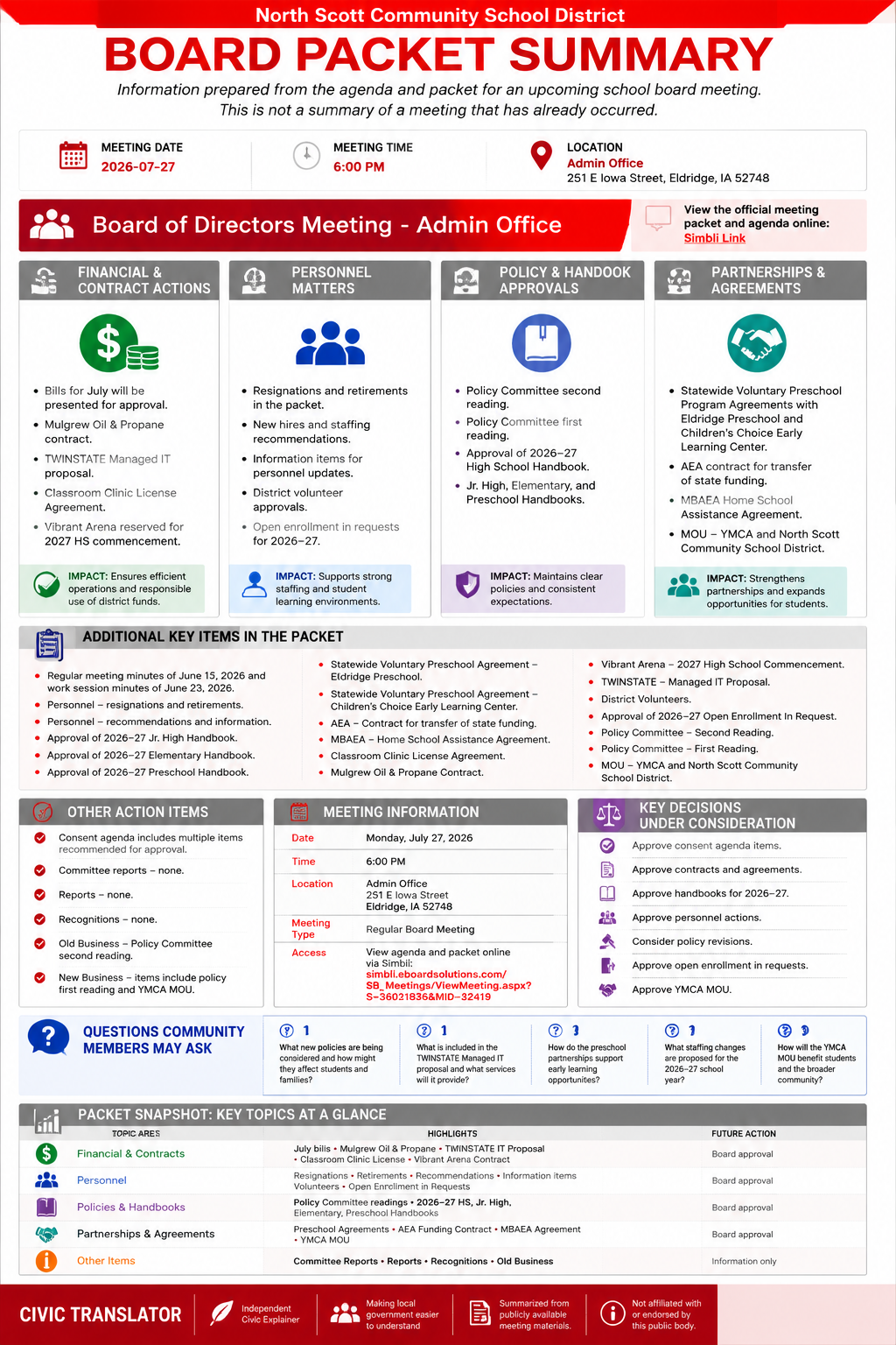 North Scott Community School District — School Board Meeting Packet Summary — July 27, 2026 infographic