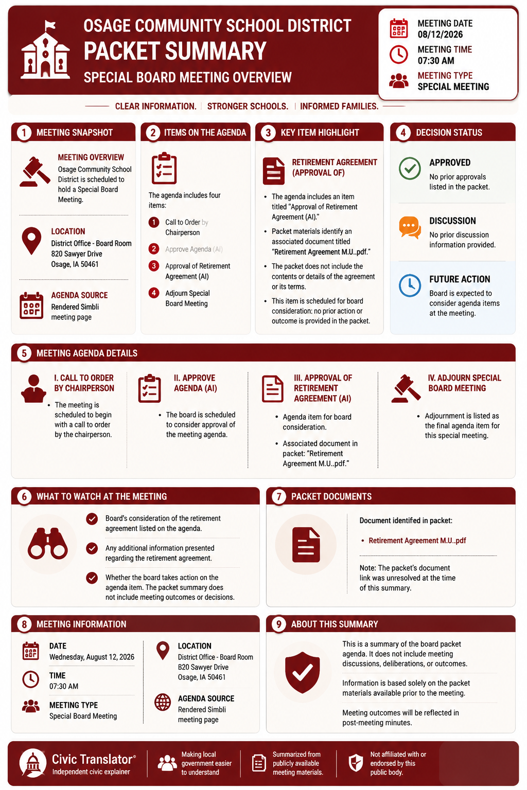 Civic Translator agenda summary infographic for Osage Community School District on August 12, 2026