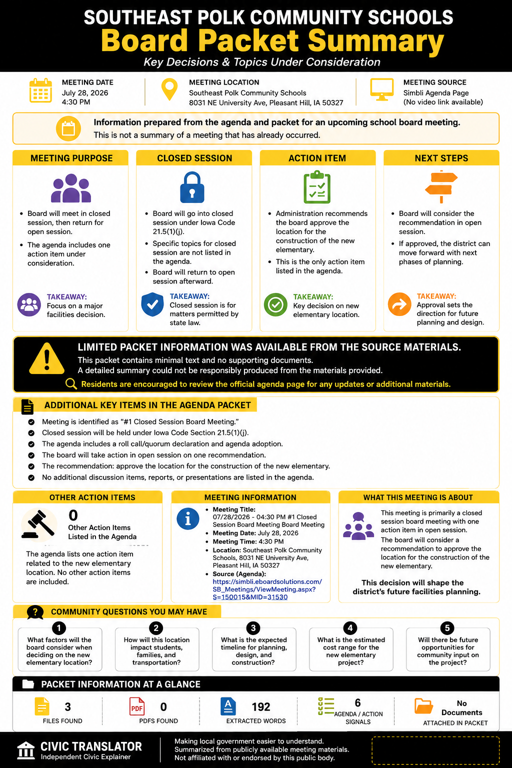 Southeast Polk Community Schools — School Board Meeting Packet Summary — July 28, 2026 infographic
