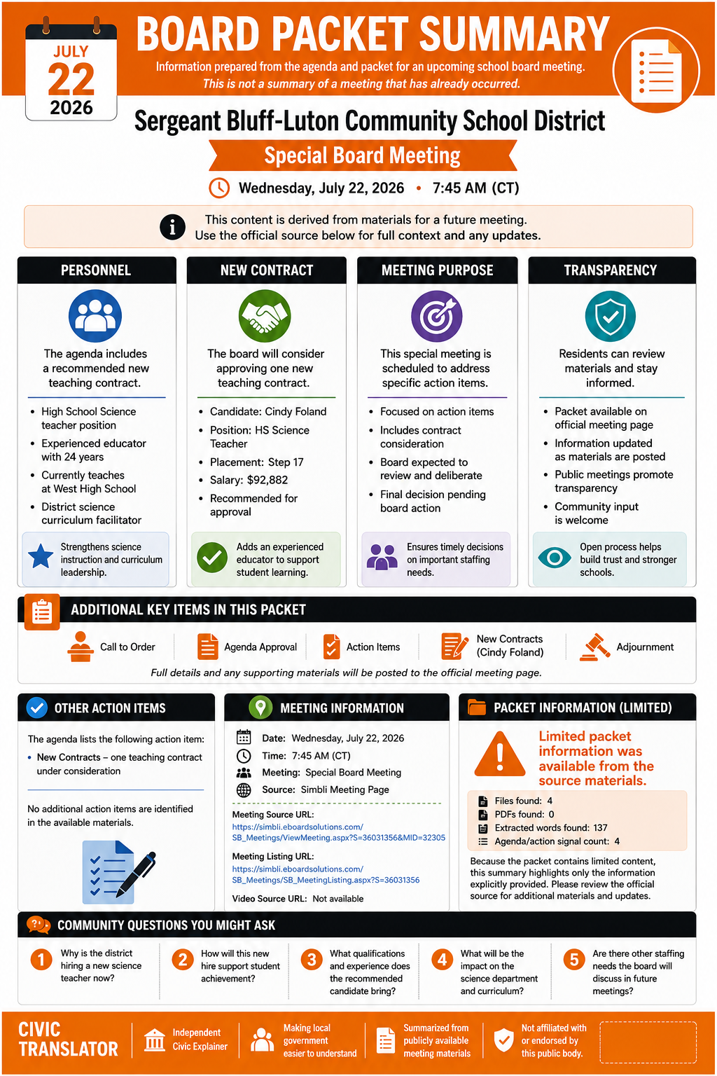 Sergeant Bluff-Luton Community School District — School Board Meeting Packet Summary — July 22, 2026 infographic