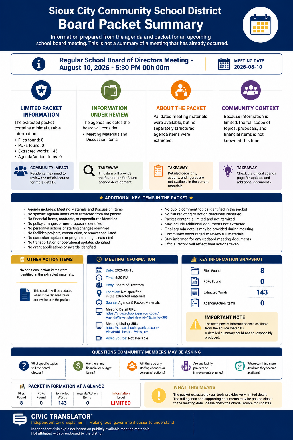 Sioux City Community School District — School Board Meeting — Packet Summary — August 10, 2026 infographic