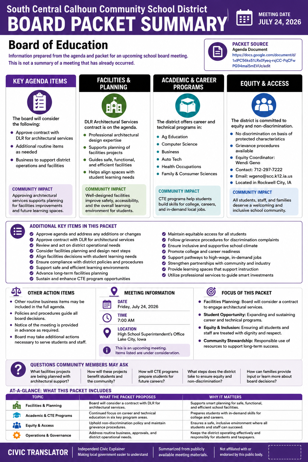 South Central Calhoun Community School District — School Board Meeting Packet Summary — July 24, 2026 infographic