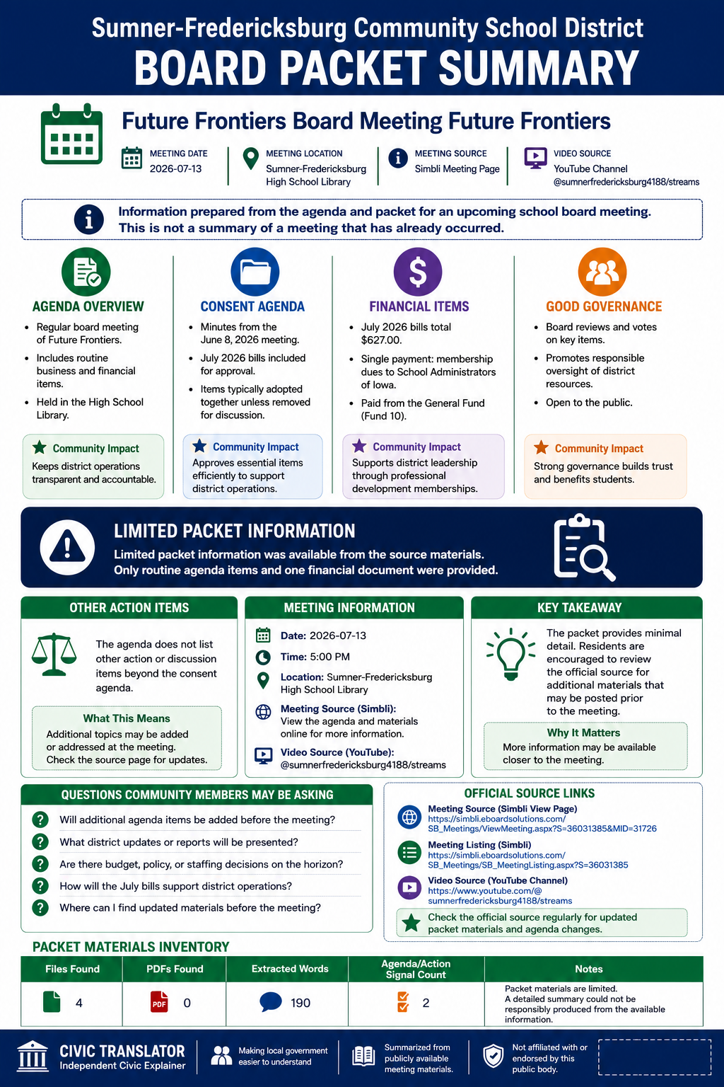 Sumner-Fredericksburg Community School District — School Board Meeting Packet Summary — July 13, 2026 infographic