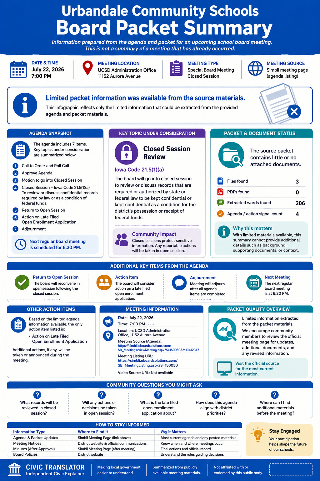 Urbandale Community Schools — School Board Meeting Packet Summary — July 22, 2026 infographic