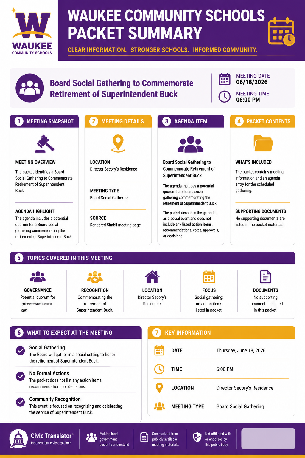 Civic Translator agenda summary infographic for Waukee Community Schools on June 18, 2026