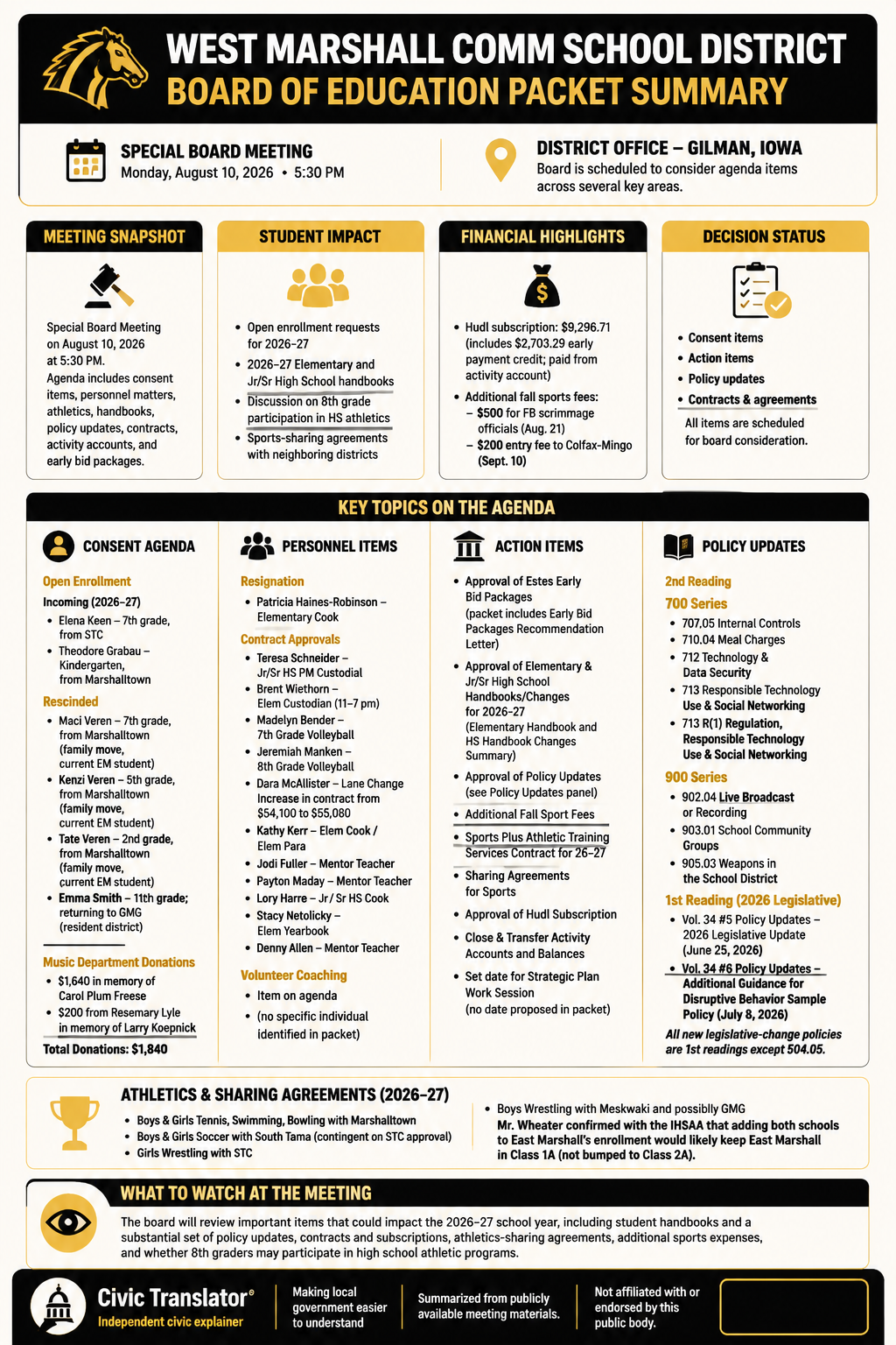Civic Translator agenda summary infographic for West Marshall Comm School District on August 10, 2026