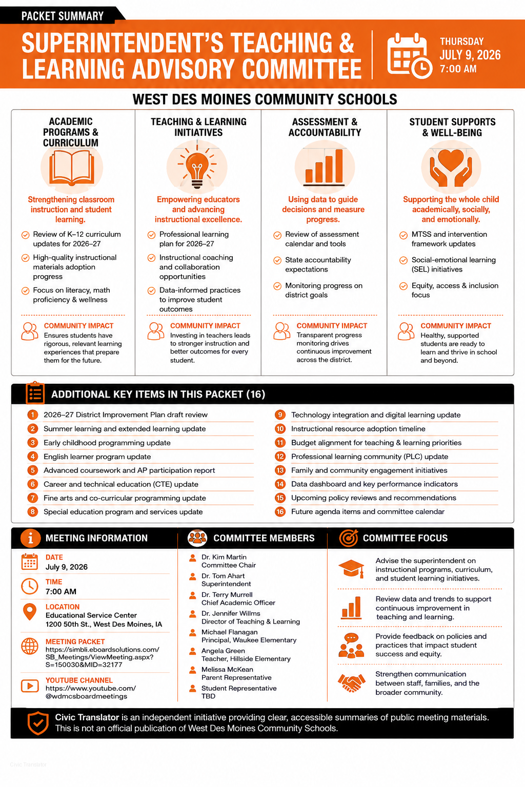 West Des Moines Community Schools — School Board Meeting Packet Summary — July 9, 2026 infographic