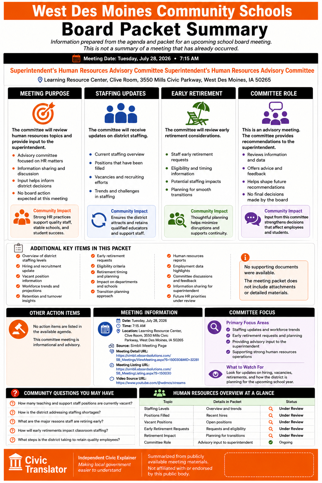 West Des Moines Community Schools — School Board Meeting Packet Summary — July 28, 2026 infographic