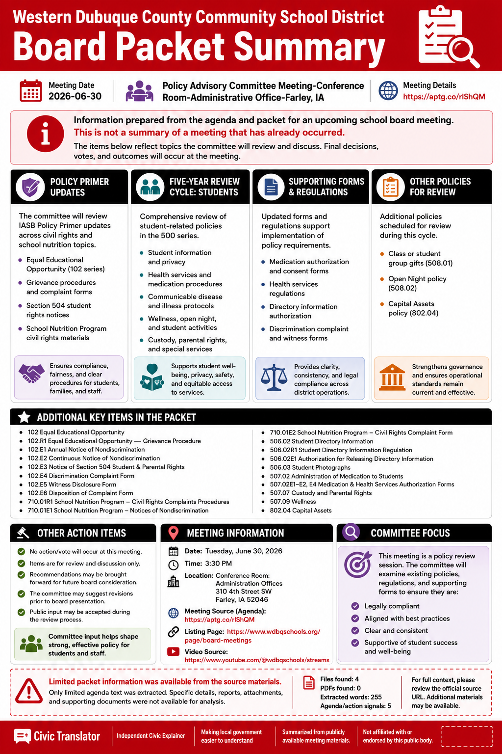 Western Dubuque County Community School District — School Board Meeting Packet Summary — June 30, 2026 infographic