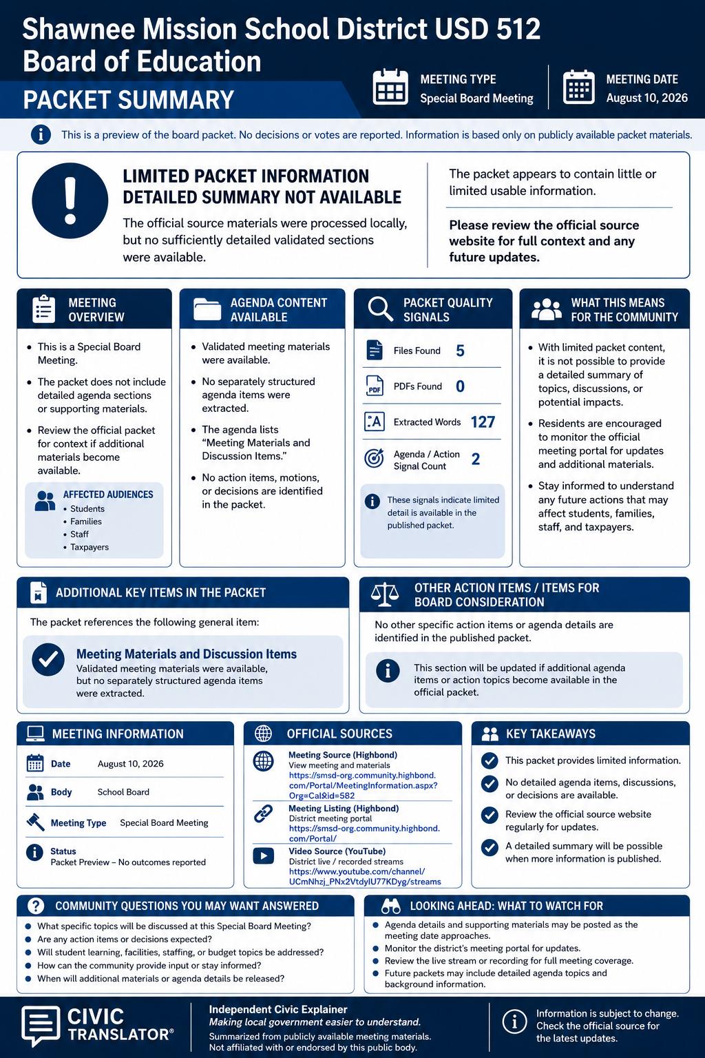 Shawnee Mission School District USD 512 Board of Education — School Board Meeting — Packet Summary — August 10, 2026 infographic