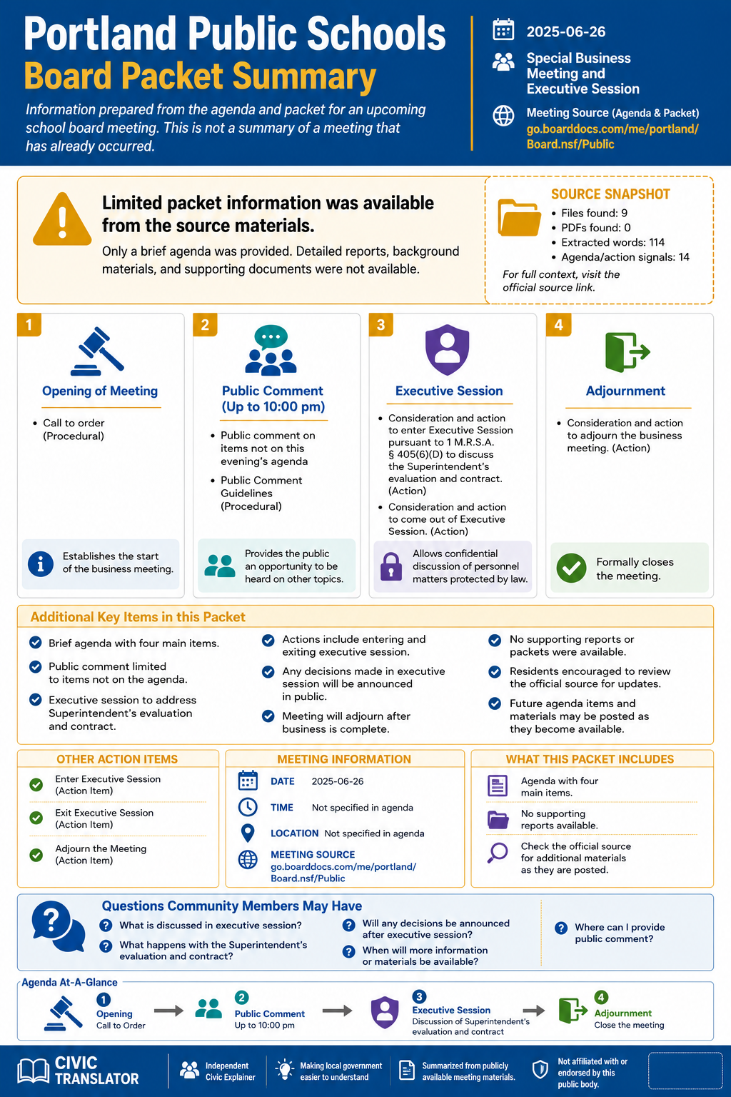 Portland Public Schools — School Board Meeting Packet Summary — June 26, 2025 infographic