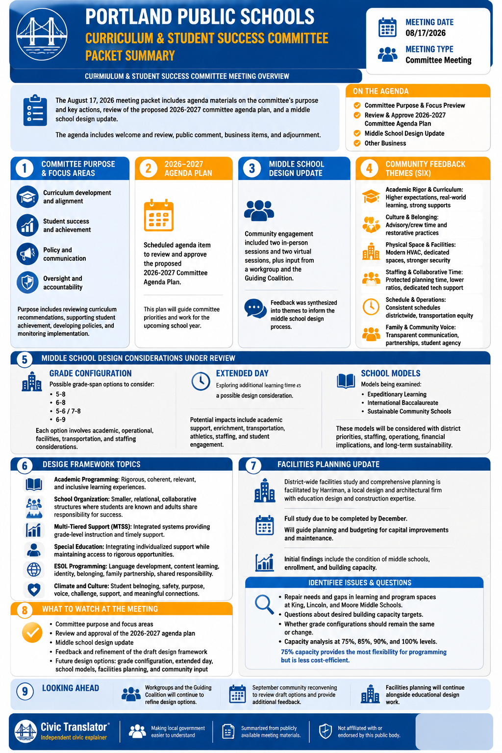 Civic Translator agenda summary infographic for Portland Public Schools on August 17, 2026