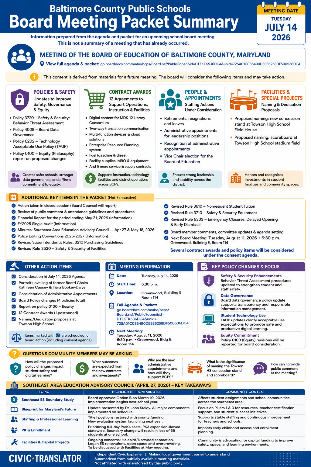 Baltimore County Public Schools — School Board Meeting Packet Summary — July 14, 2026 infographic
