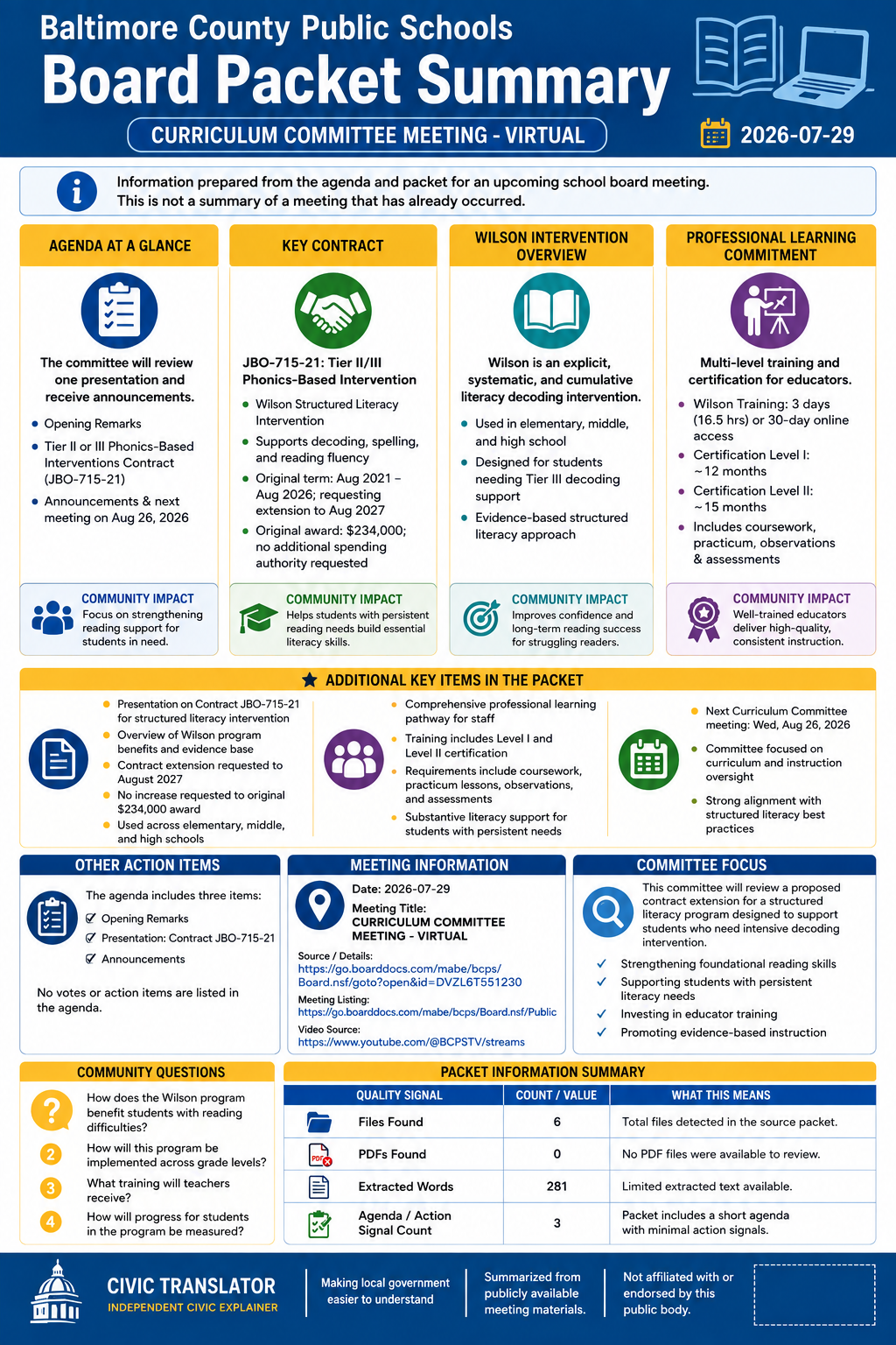 Baltimore County Public Schools — School Board Meeting — Packet Summary — July 29, 2026 infographic