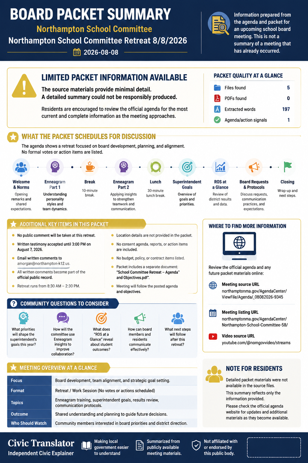 Northampton School Committee — School Board Meeting Packet Summary — August 8, 2026 infographic