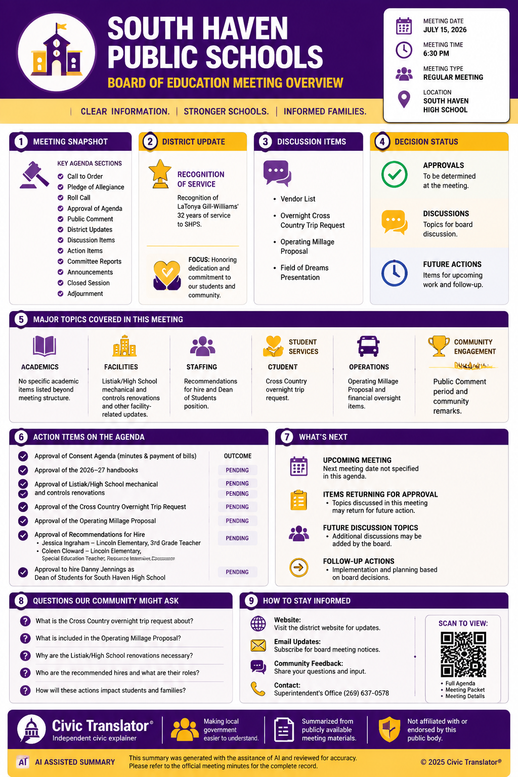 Civic Translator agenda summary infographic for South Haven Public Schools on July 15, 2026