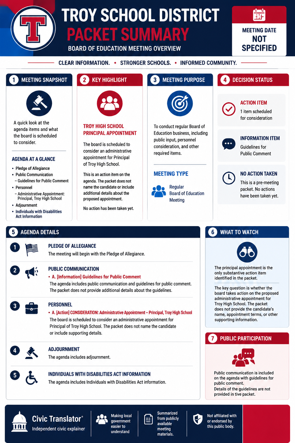 Civic Translator agenda summary infographic for Troy School District on August 6, 2026