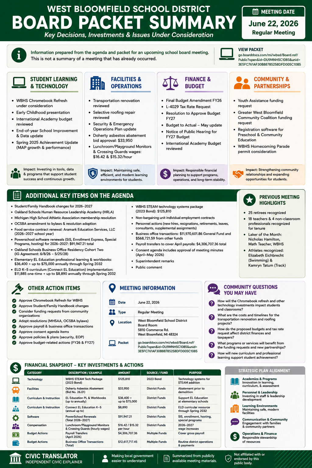 West Bloomfield School District — School Board Meeting Packet Summary — June 22, 2026 infographic