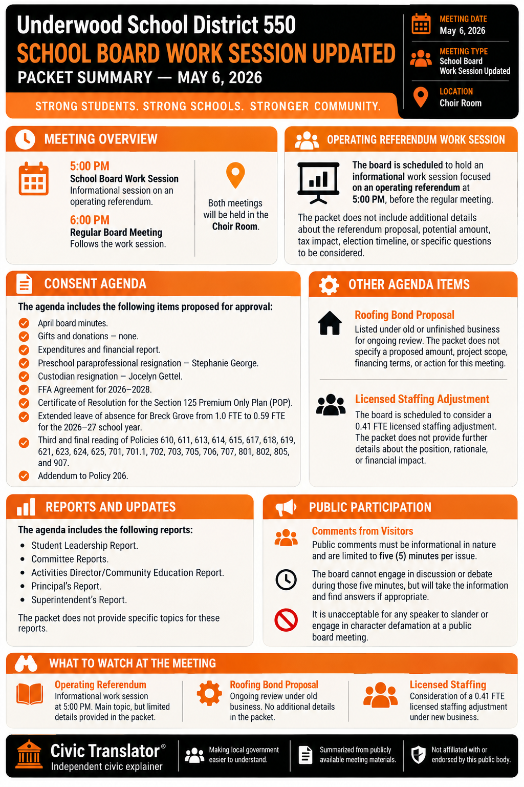 Civic Translator packet summary infographic for Underwood School District 550 on May 6, 2026