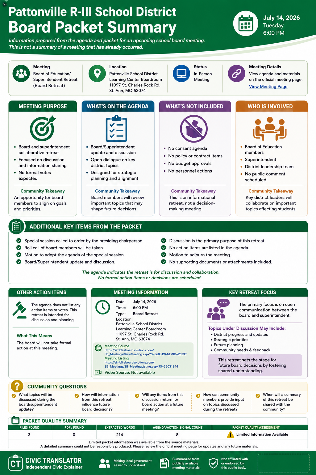 Pattonville R-III School District — School Board Meeting Packet Summary — July 14, 2026 infographic