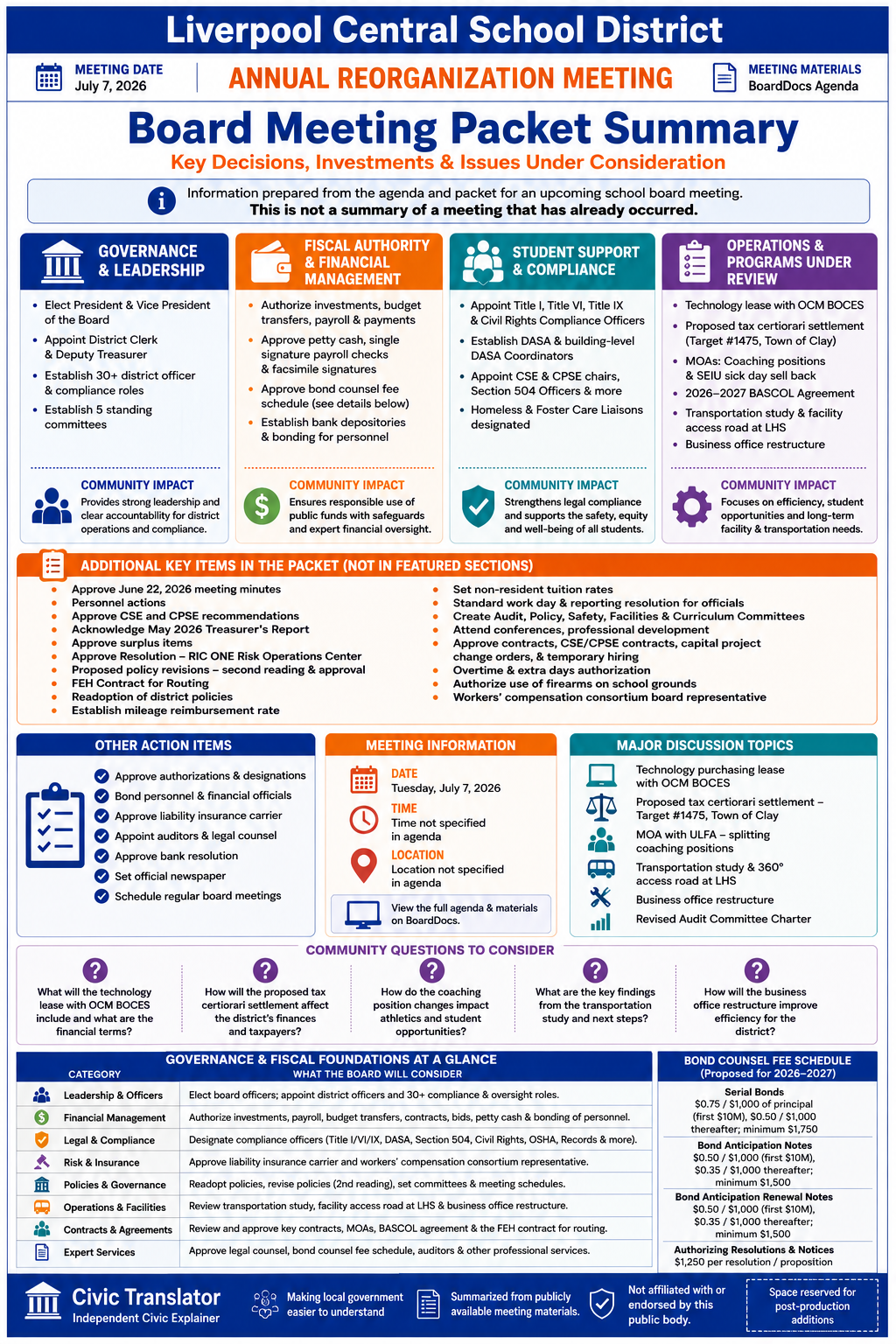 Liverpool Central School District — School Board Meeting Packet Summary — July 7, 2026 infographic