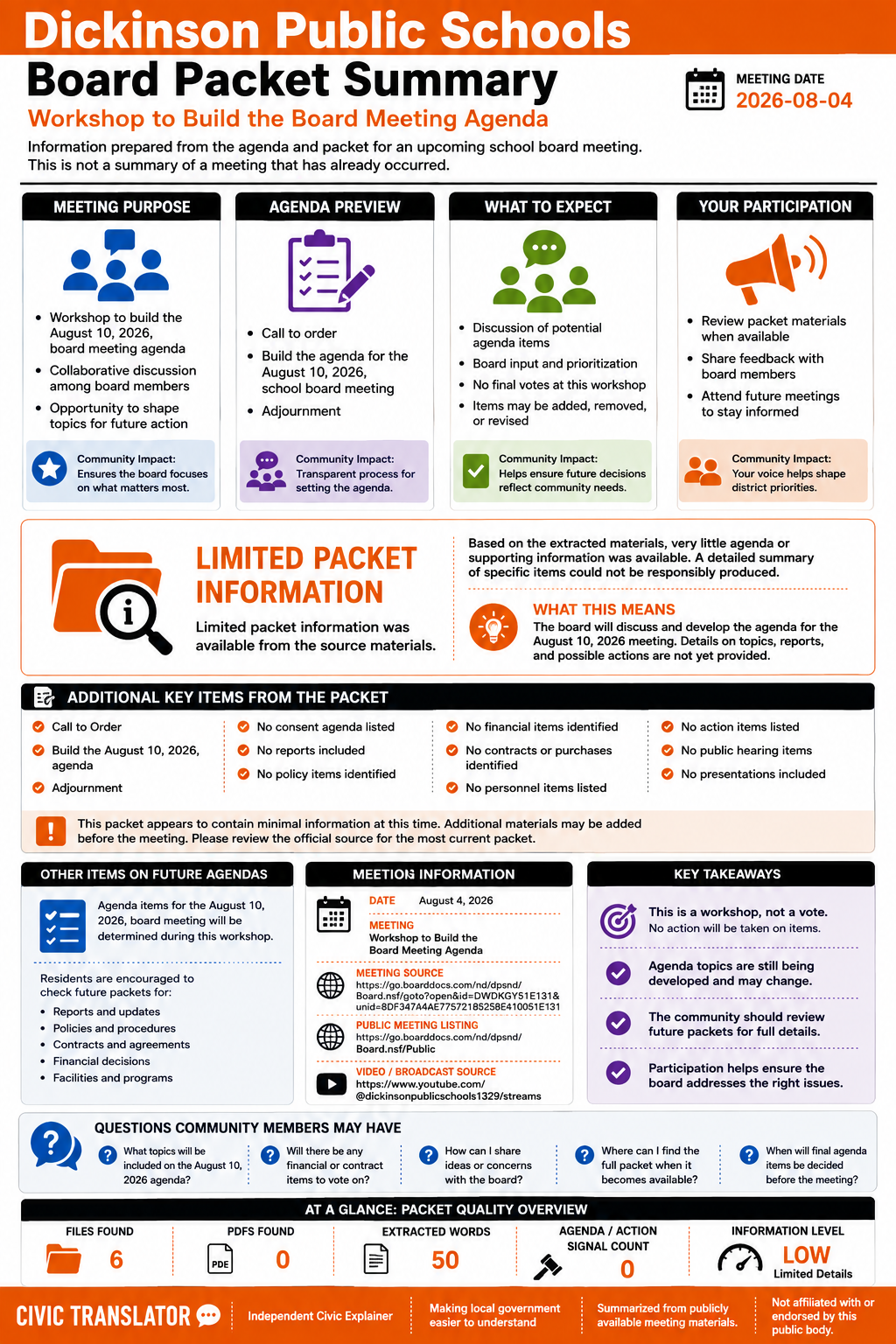 Dickinson Public Schools — School Board Meeting Packet Summary — August 4, 2026 infographic