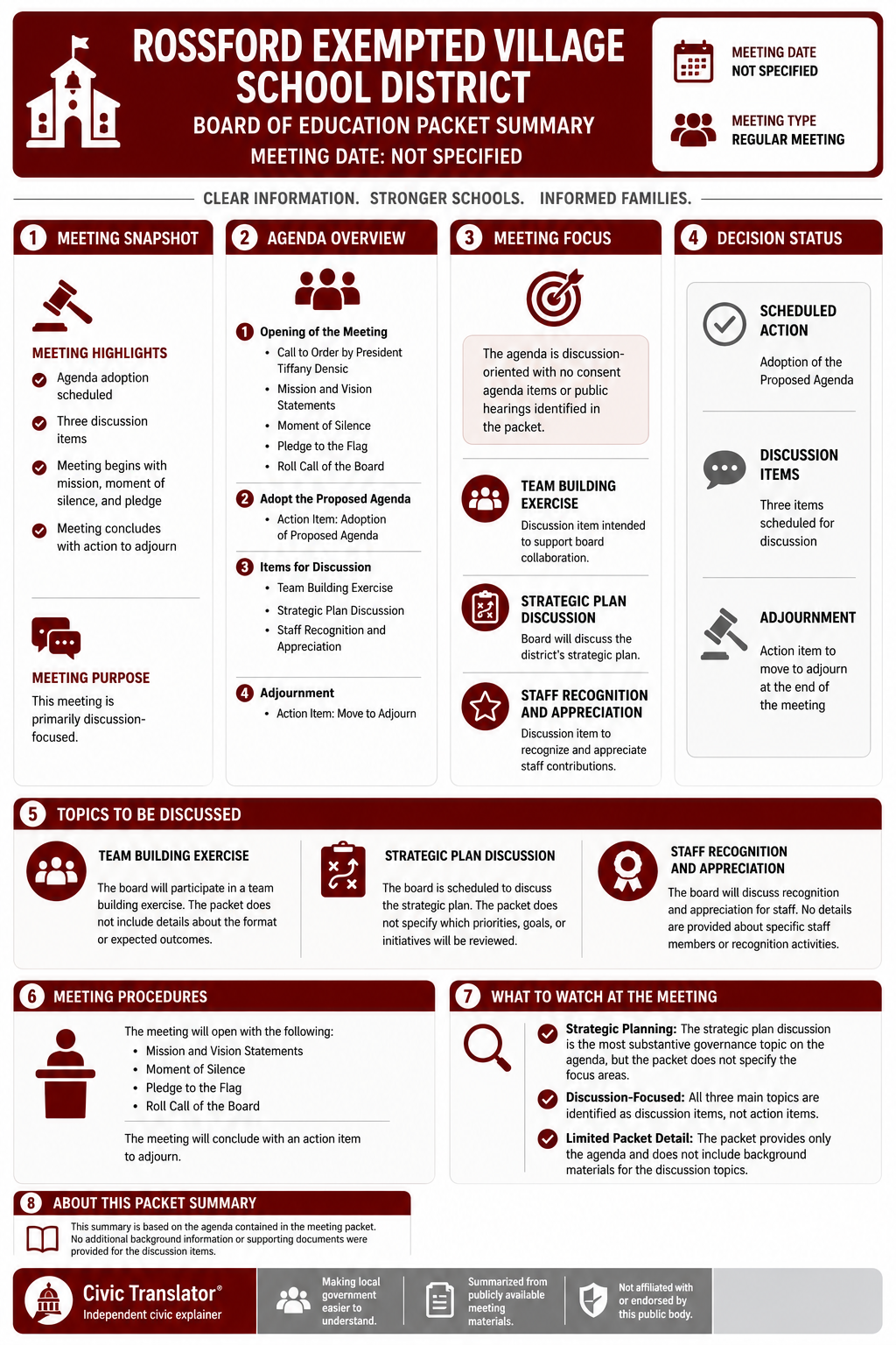 Rossford Exempted Village School District — School Board Meeting Packet Summary — August 3, 2026 infographic