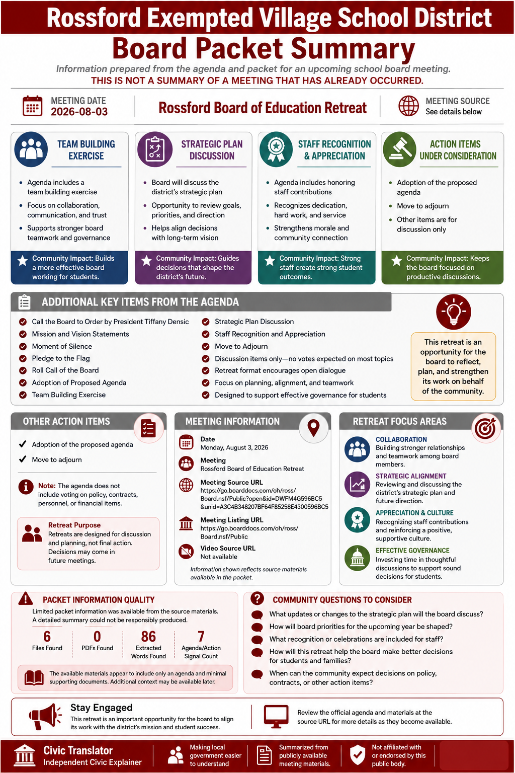 Rossford Exempted Village School District — School Board Meeting — Packet Summary — August 3, 2026 infographic