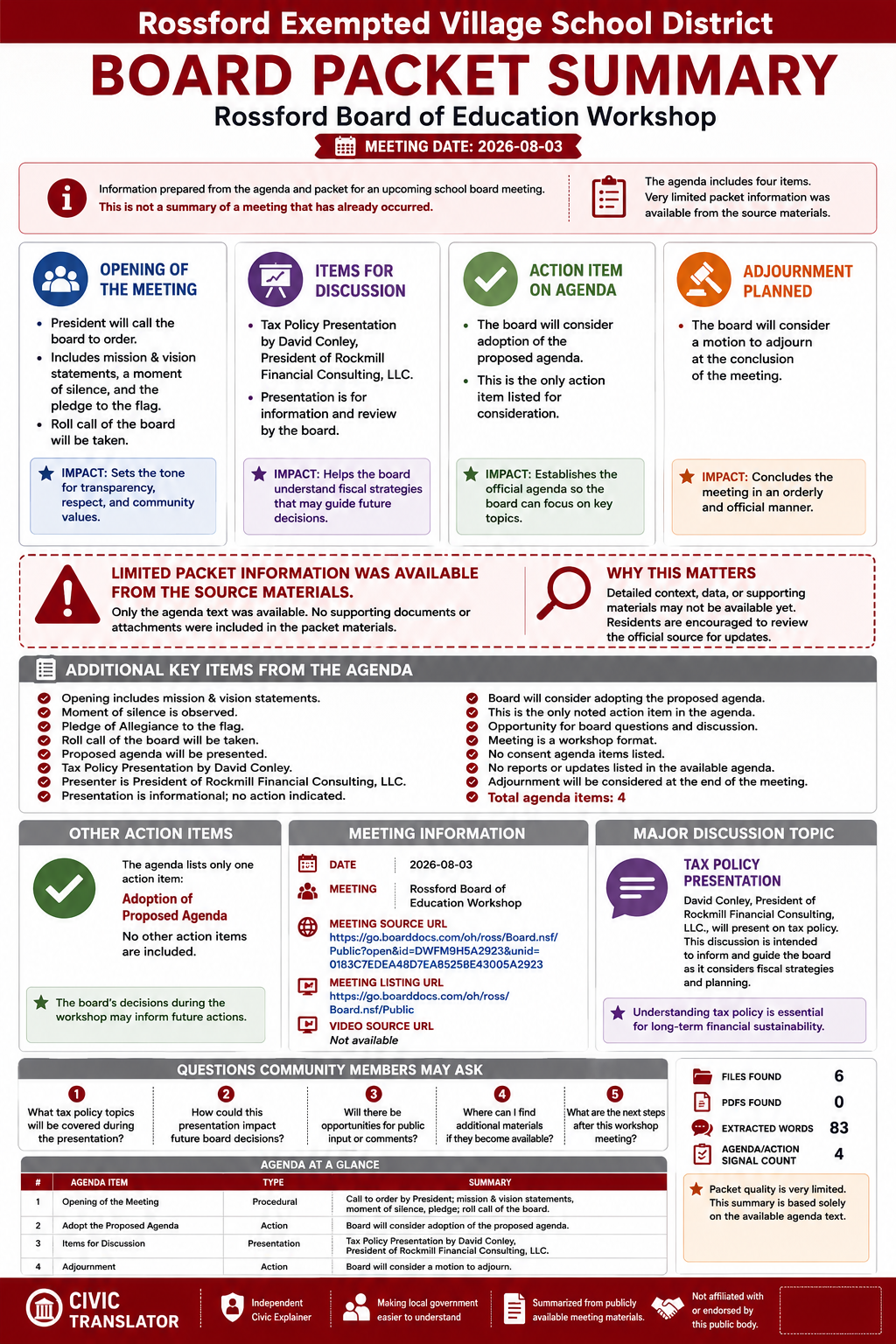 Rossford Exempted Village School District — School Board Meeting Packet Summary — August 3, 2026 infographic