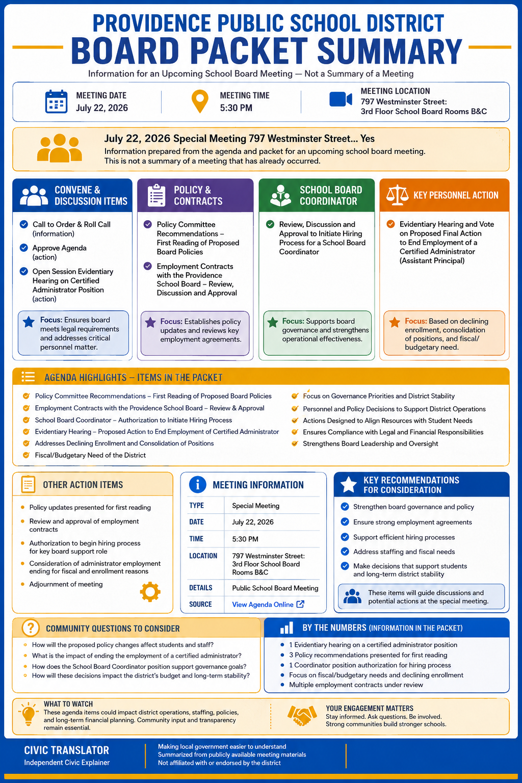 Providence Public School District — School Board Meeting Packet Summary — July 22, 2026 infographic