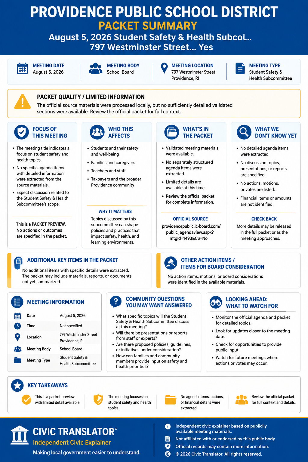 Providence Public School District — School Board Meeting — Packet Summary — August 5, 2026 infographic