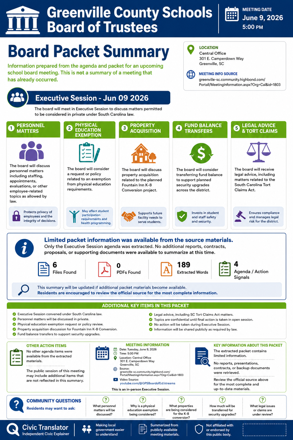 Greenville County Schools Board of Trustees — School Board Meeting Packet Summary — June 9, 2026 infographic