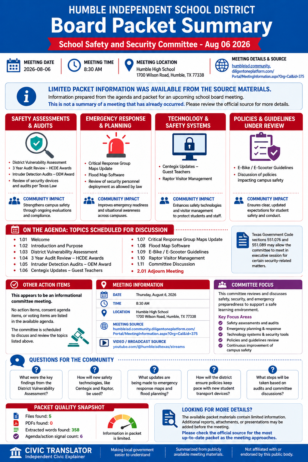 Humble Independent School District — School Board Meeting Packet Summary — August 6, 2026 infographic