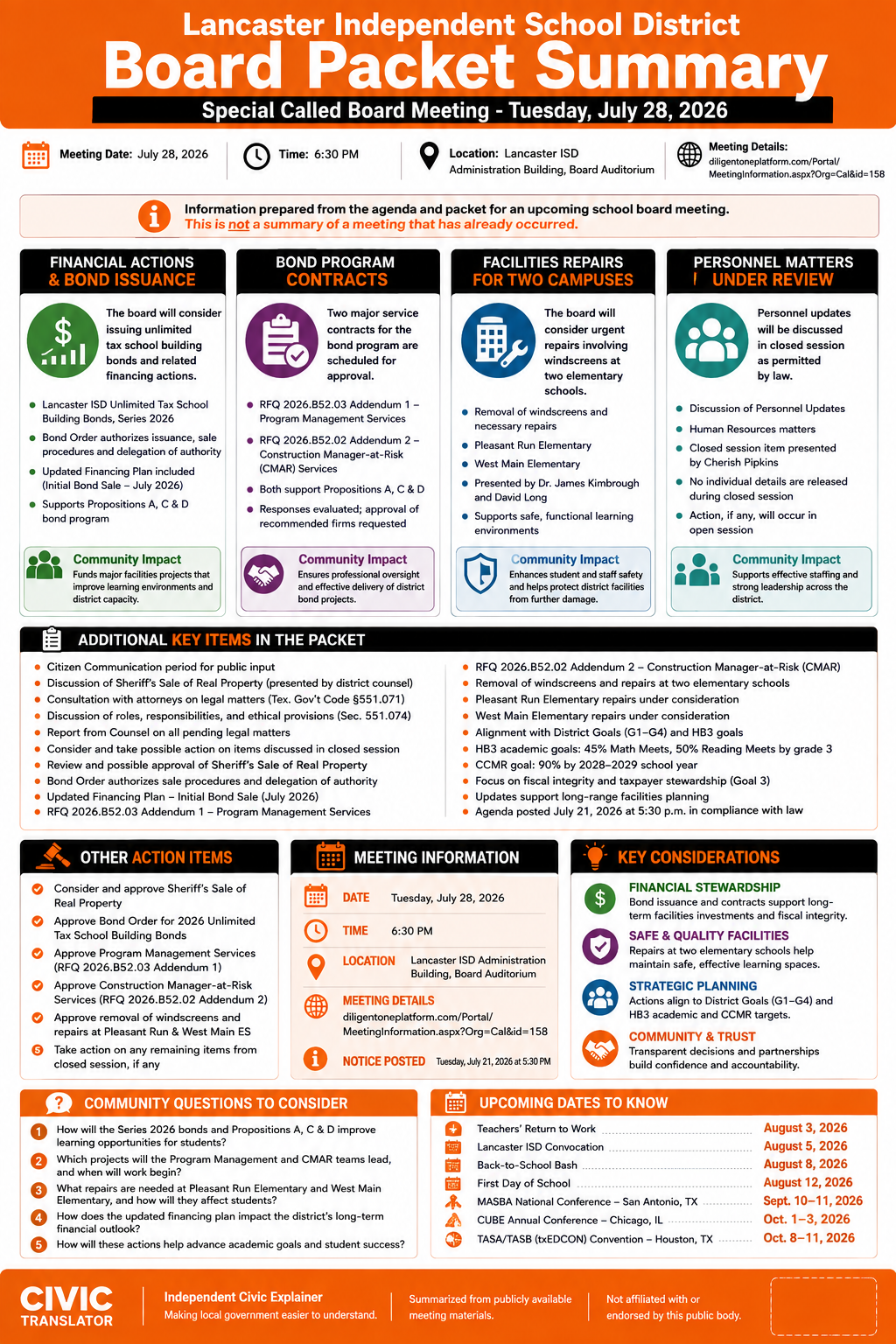 Lancaster Independent School District — School Board Meeting Packet Summary — July 28, 2026 infographic