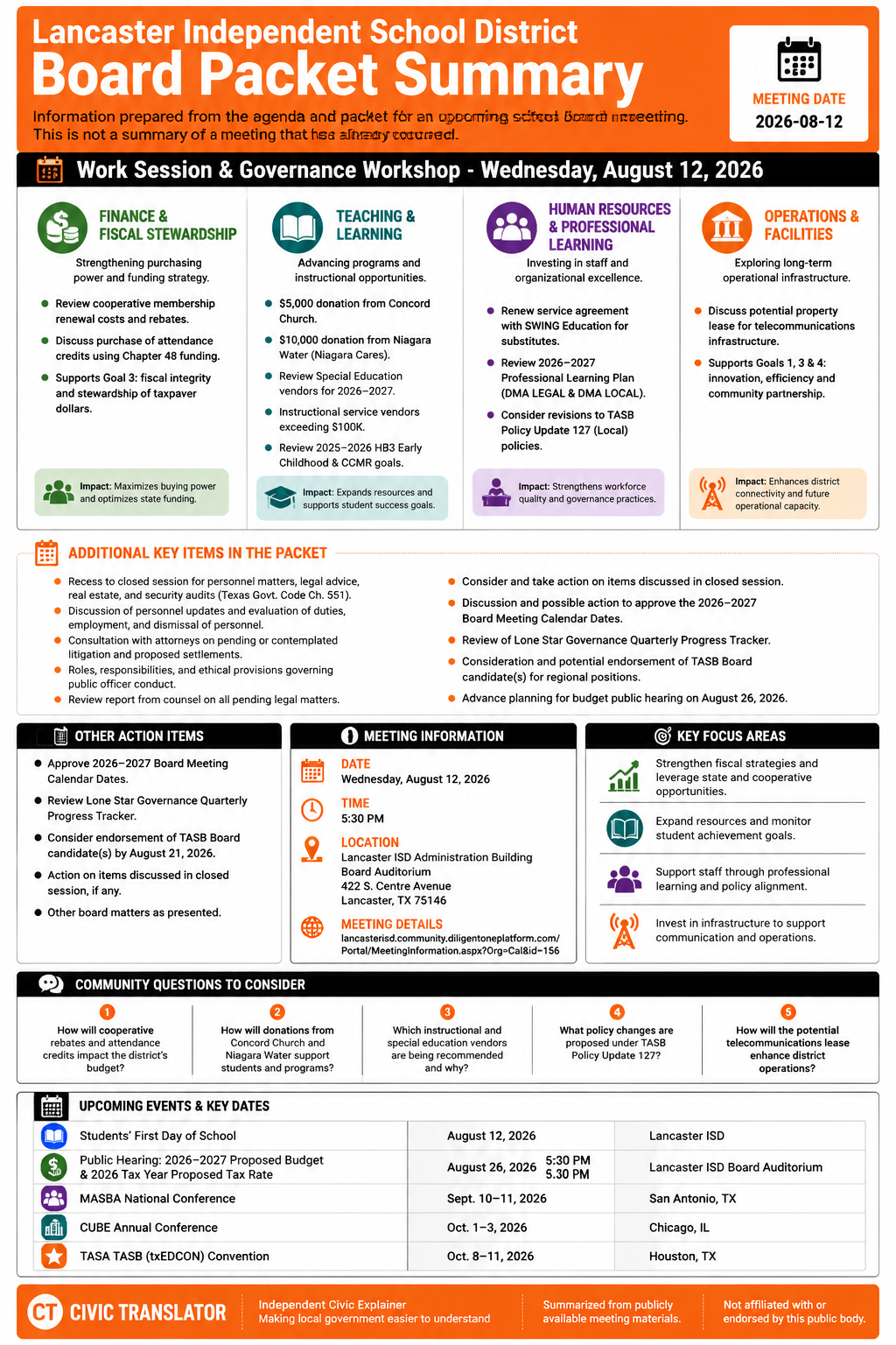 Lancaster Independent School District — School Board Meeting — Packet Summary — August 12, 2026 infographic