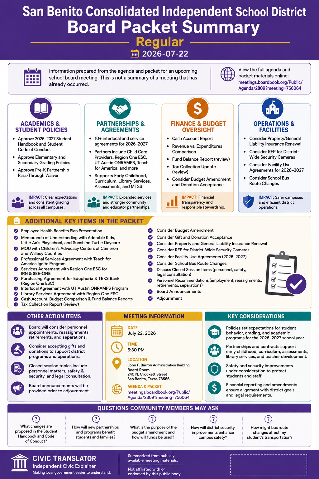 San Benito Consolidated Independent School District — School Board Meeting Packet Summary — July 22, 2026 infographic