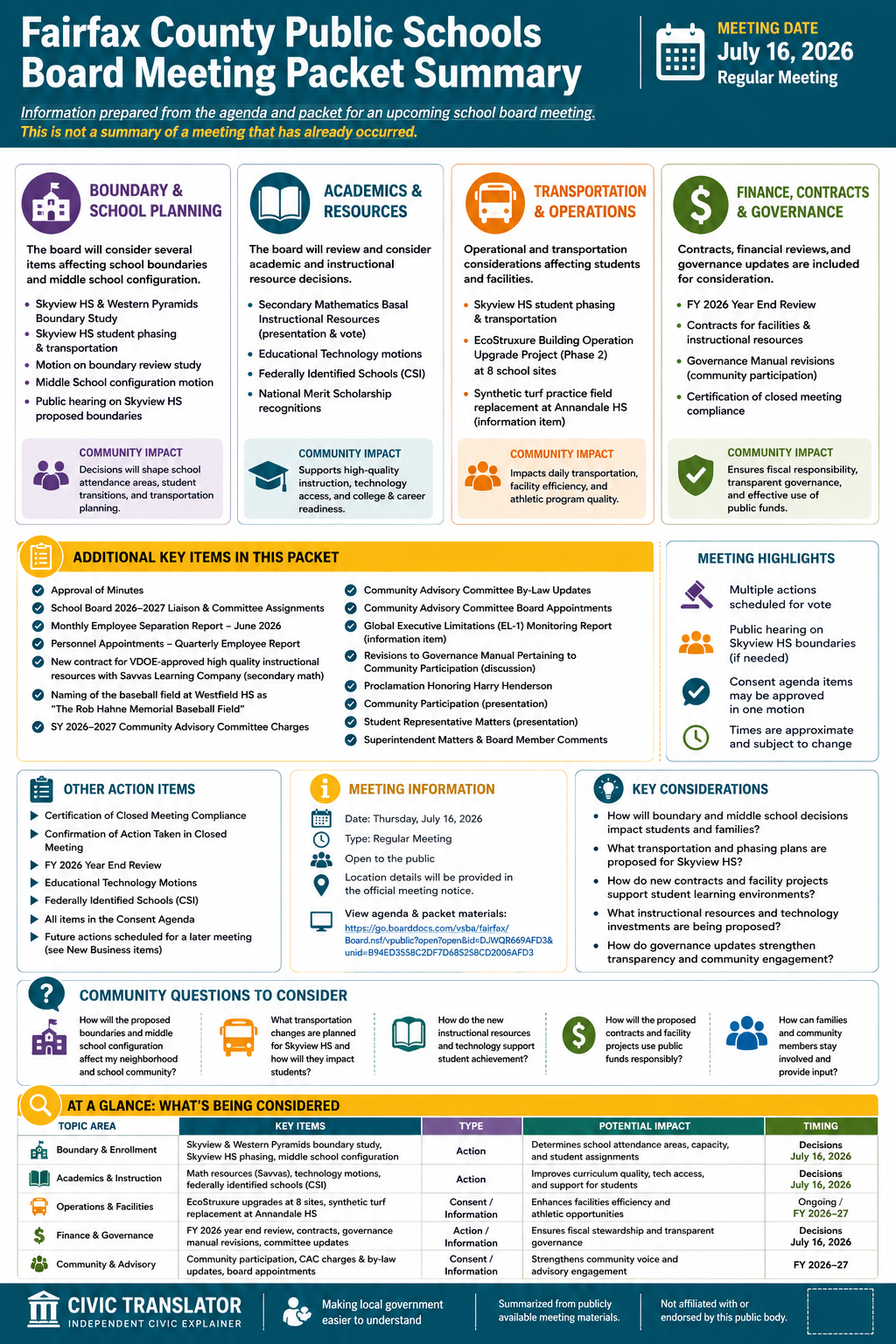 Fairfax County Public Schools — School Board Meeting Packet Summary — July 16, 2026 infographic
