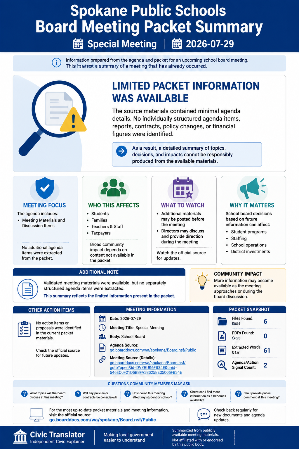 Spokane Public Schools — School Board Meeting — Packet Summary — July 29, 2026 infographic