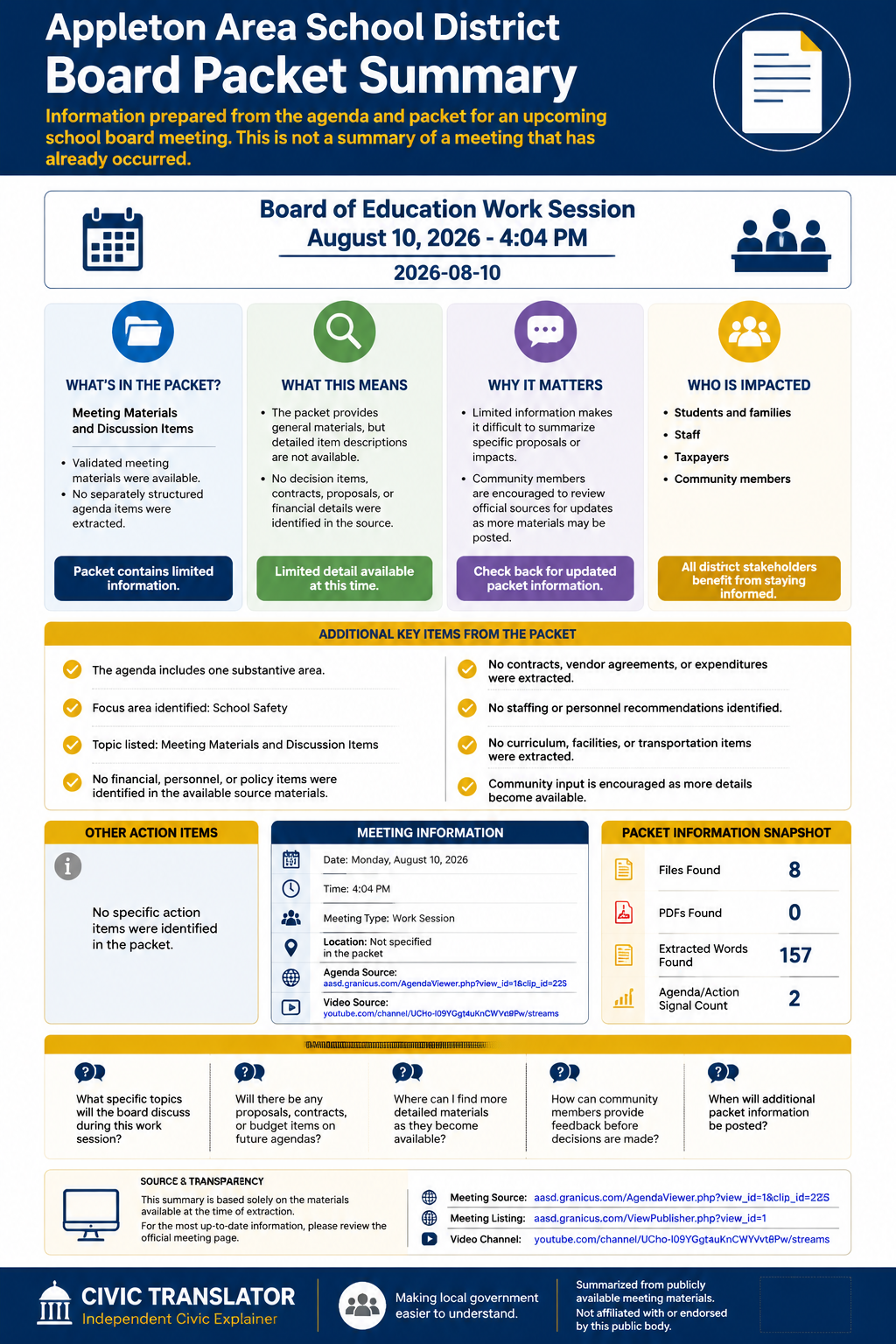 Appleton Area School District — School Board Meeting — Packet Summary — August 10, 2026 infographic