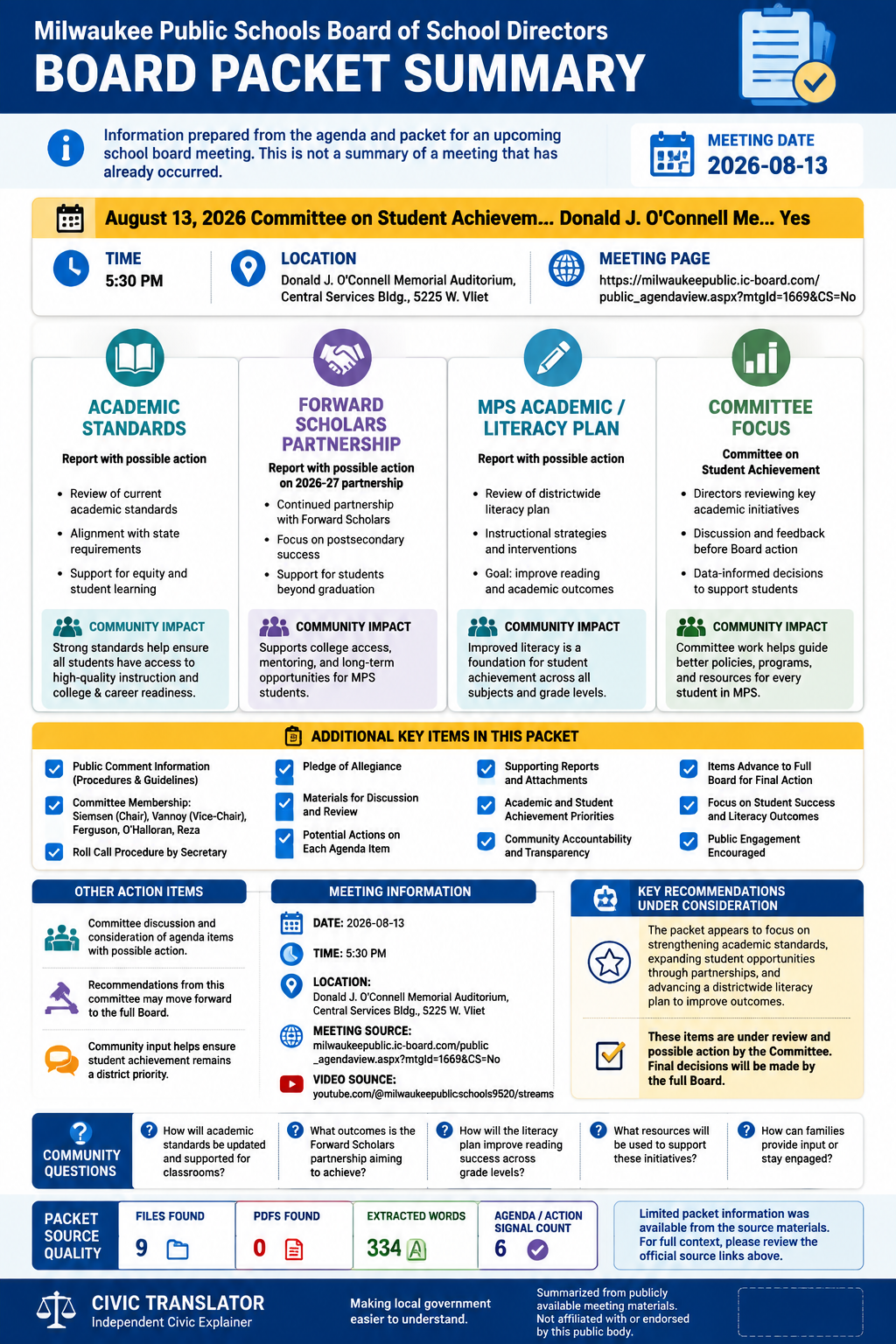 Milwaukee Public Schools Board of School Directors — School Board Meeting — Packet Summary — August 13, 2026 infographic