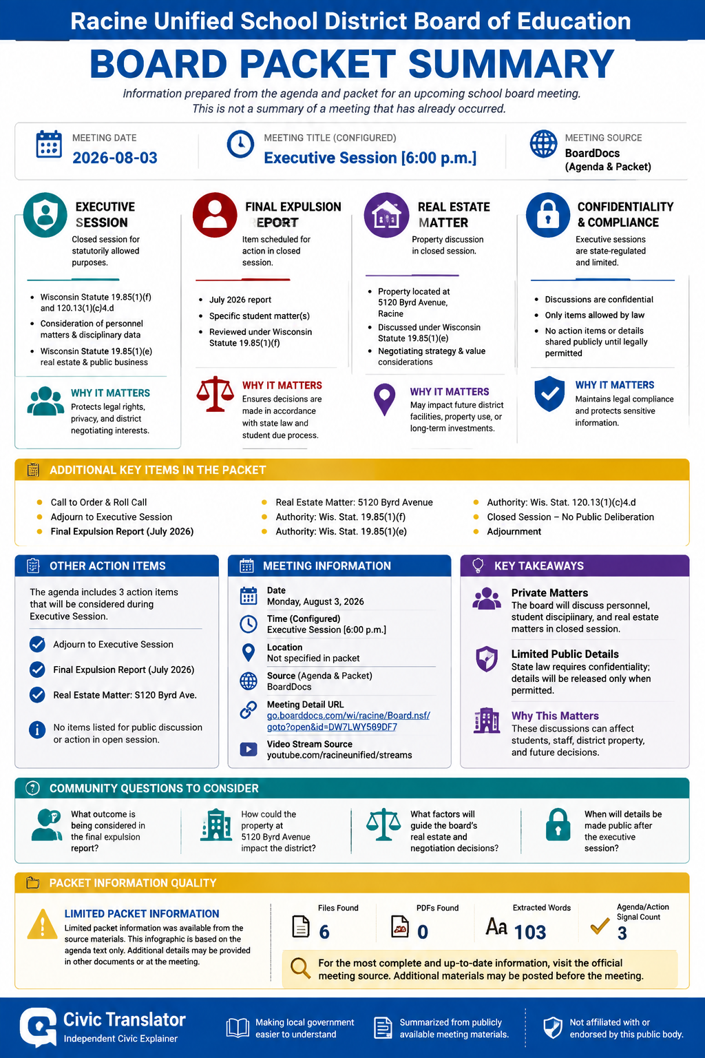 Racine Unified School District Board of Education — School Board Meeting — Packet Summary — August 3, 2026 infographic