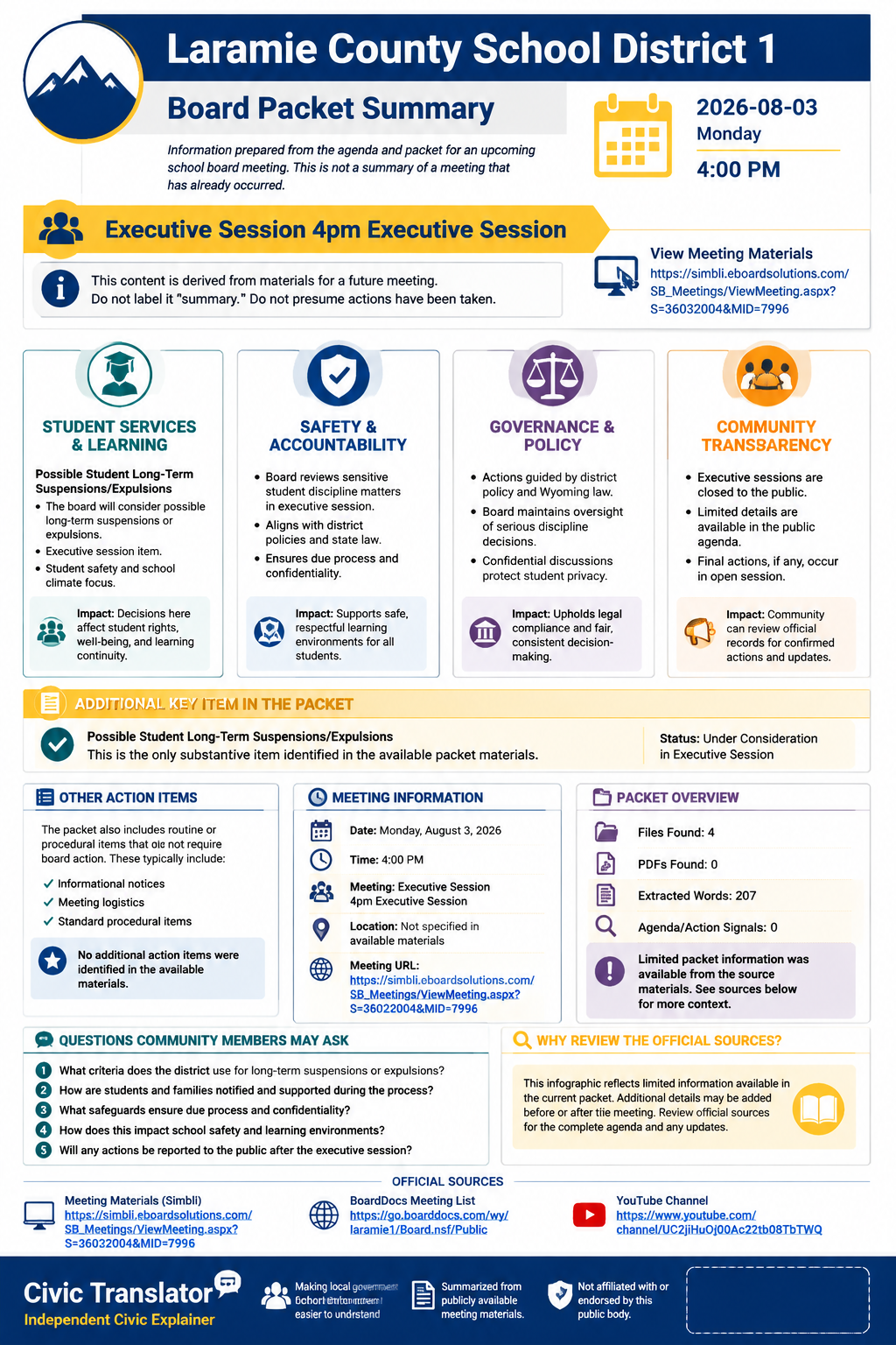 Laramie County School District 1 — School Board Meeting — Packet Summary — August 3, 2026 infographic
